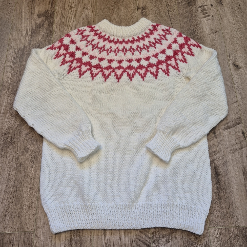 Handmade Women's Vintage White & Pink Fair Isle Crewnexk Sweater Size S/M - Picture 2 of 4